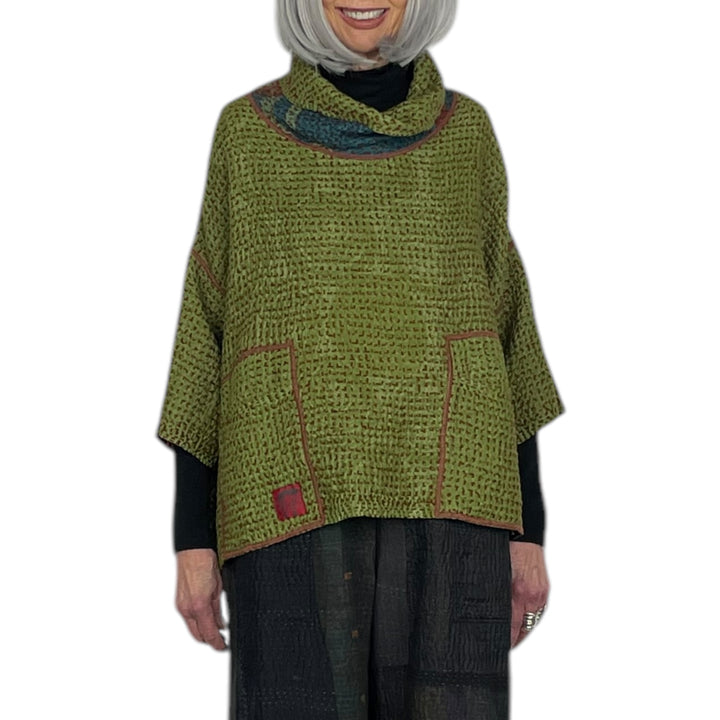 ABSTRACT WAFFLE COWL NECK PONCHO TOP