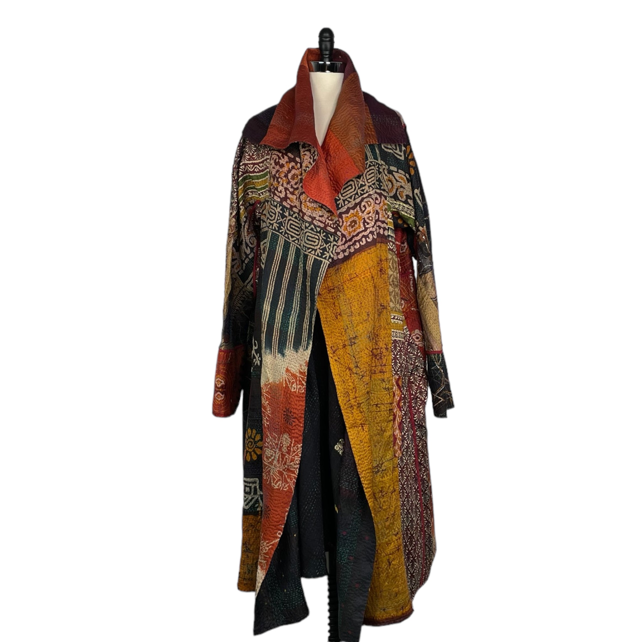 VINTAGE SILK PATCH KANTHA A-LINE COAT – MIO